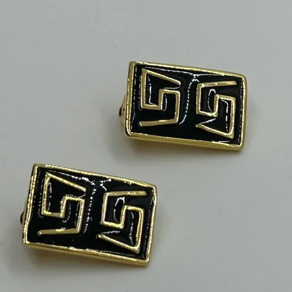 Vintage Gold & Black  Earrings Enamel Greek Key Clip-On 1980s Designer Statement - Picture 8 of 14